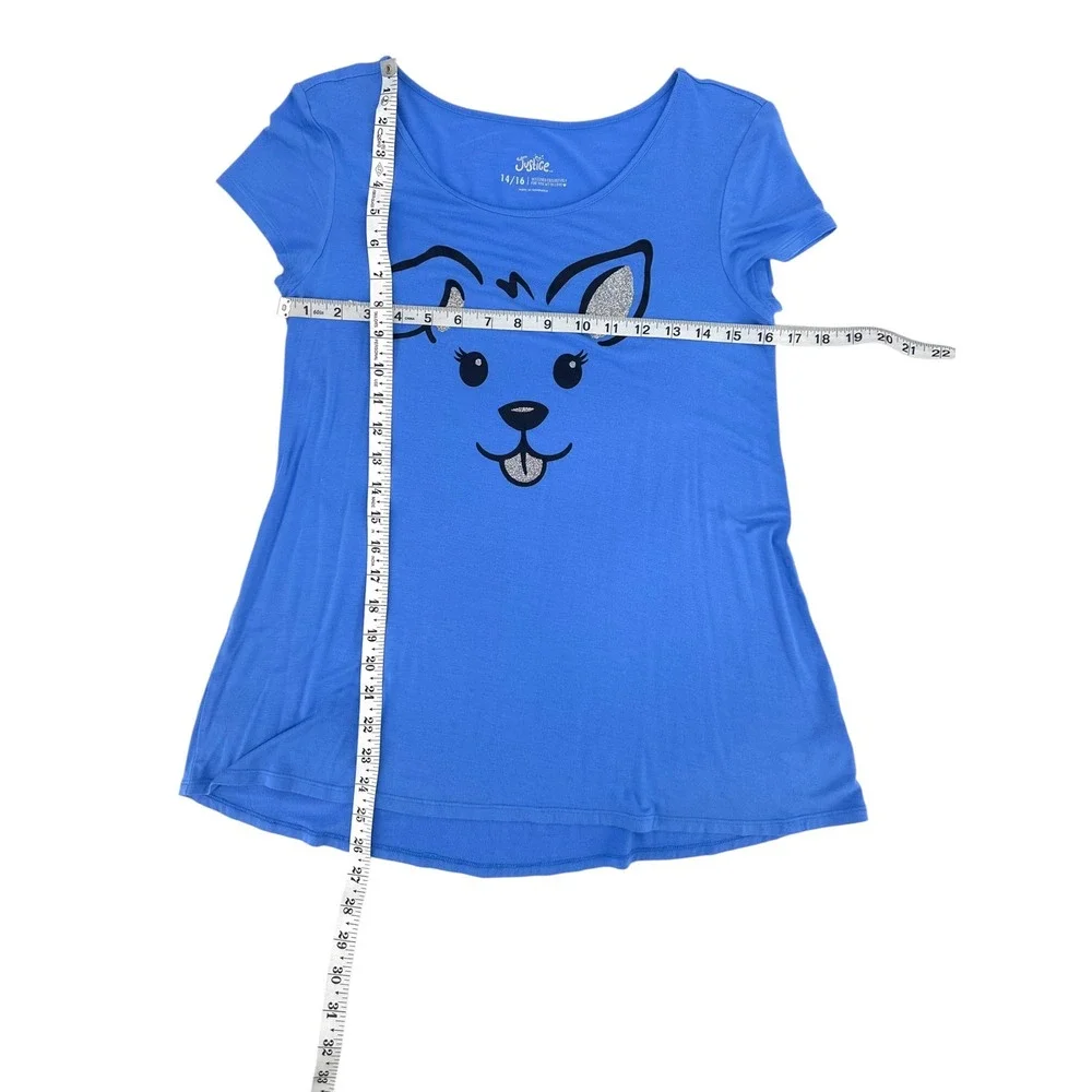 Justice Girls Graphic T-Shirt Tunic XL 14/16 Blue Puppy Dog Glitter Short Sleeve